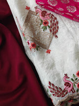 Eye-catching Off White Embroidery Work Crush Silk Saree With Pleasurable Blouse Piece