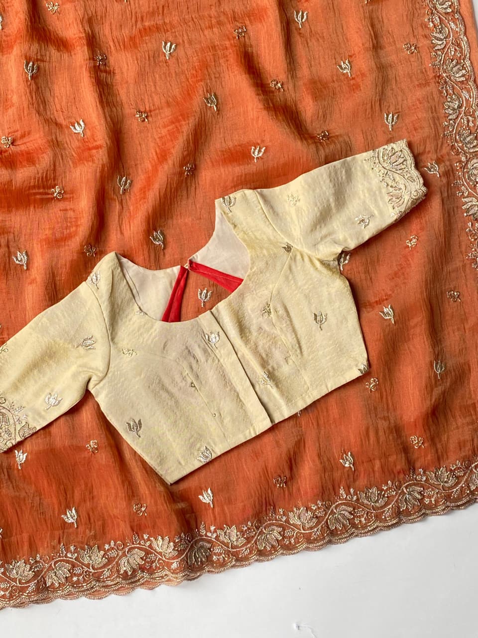 Panoply Orange Handwork Tissue Silk Saree With Stotched Blouse