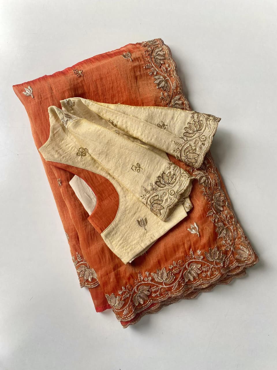 Panoply Orange Handwork Tissue Silk Saree With Stotched Blouse