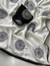 Most Flattering Off White Embroidery Work Crush Silk Saree With Moiety Blouse Piece