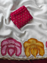 Enchanting Off White Handprinted Crush Silk Saree With Resonant Blouse Piece