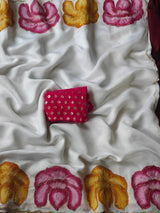 Enchanting Off White Handprinted Crush Silk Saree With Resonant Blouse Piece