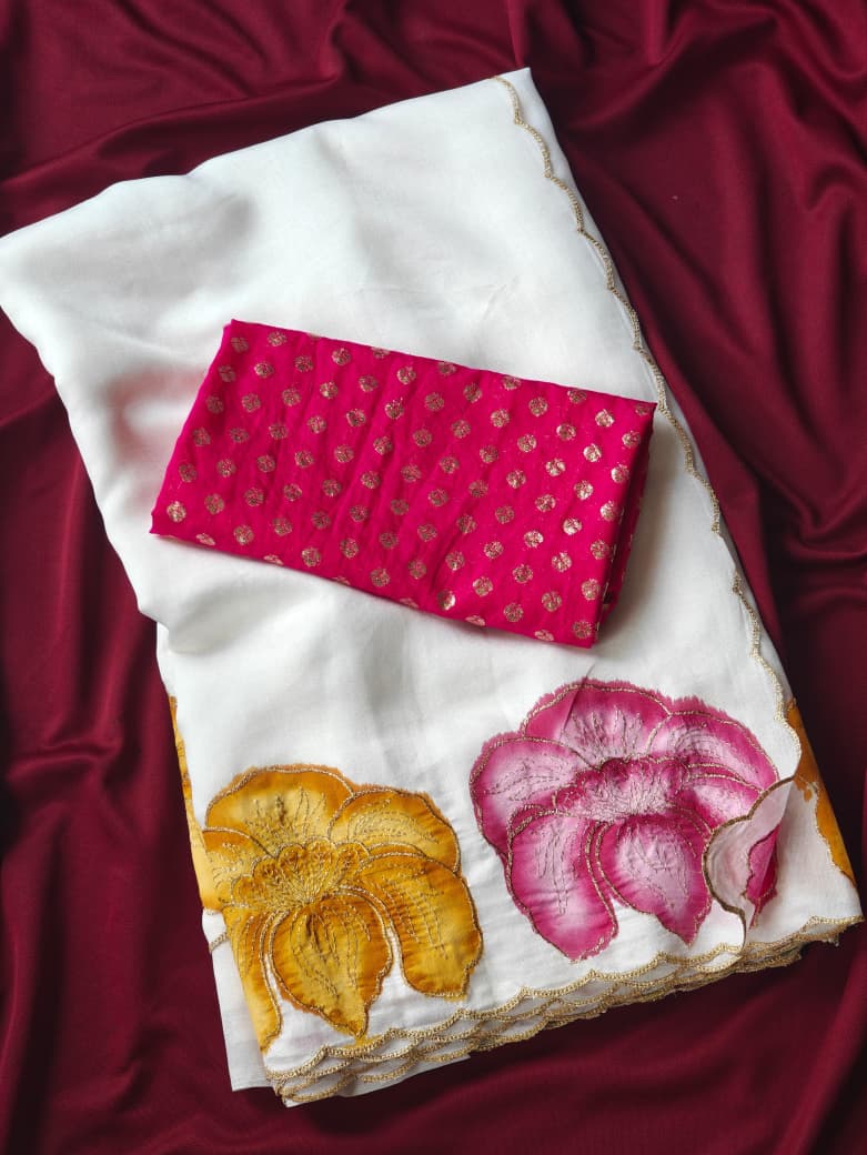 Enchanting Off White Handprinted Crush Silk Saree With Resonant Blouse Piece