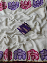 Skinny Off White Handprinted Crush Silk Saree With Resplendent Blouse Piece