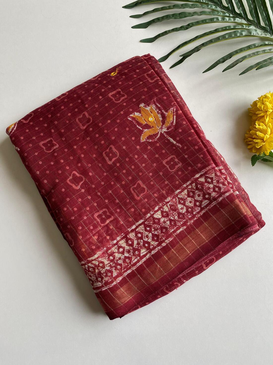 Winsome Maroon Printed Linen Silk Saree With Grandiose Blouse Piece