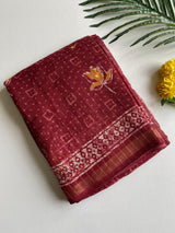 Winsome Maroon Printed Linen Silk Saree With Grandiose Blouse Piece