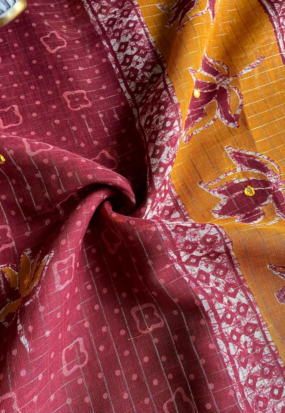 Winsome Maroon Printed Linen Silk Saree With Grandiose Blouse Piece