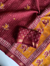 Winsome Maroon Printed Linen Silk Saree With Grandiose Blouse Piece