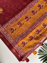 Winsome Maroon Printed Linen Silk Saree With Grandiose Blouse Piece