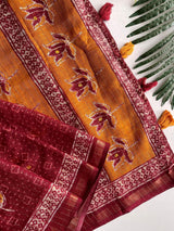 Winsome Maroon Printed Linen Silk Saree With Grandiose Blouse Piece