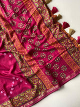 Allure Dark Pink Soft Chanderi Silk Badhani Printed Saree With Exceptional Blouse Piece