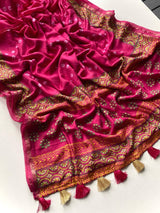 Allure Dark Pink Soft Chanderi Silk Badhani Printed Saree With Exceptional Blouse Piece