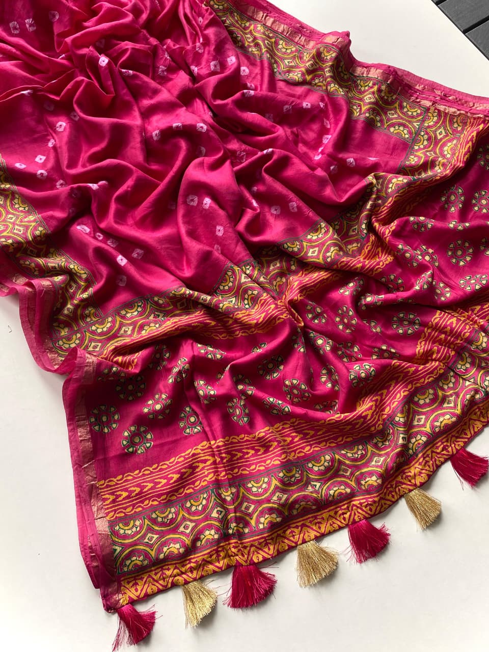 Allure Dark Pink Soft Chanderi Silk Badhani Printed Saree With Exceptional Blouse Piece