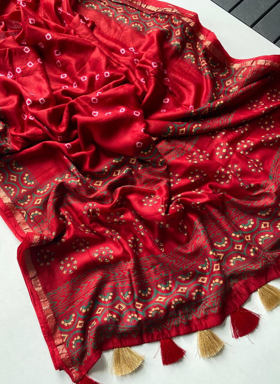 Arresting Red Soft Chanderi Silk Badhani Printed Saree With Bewitching Blouse Piece