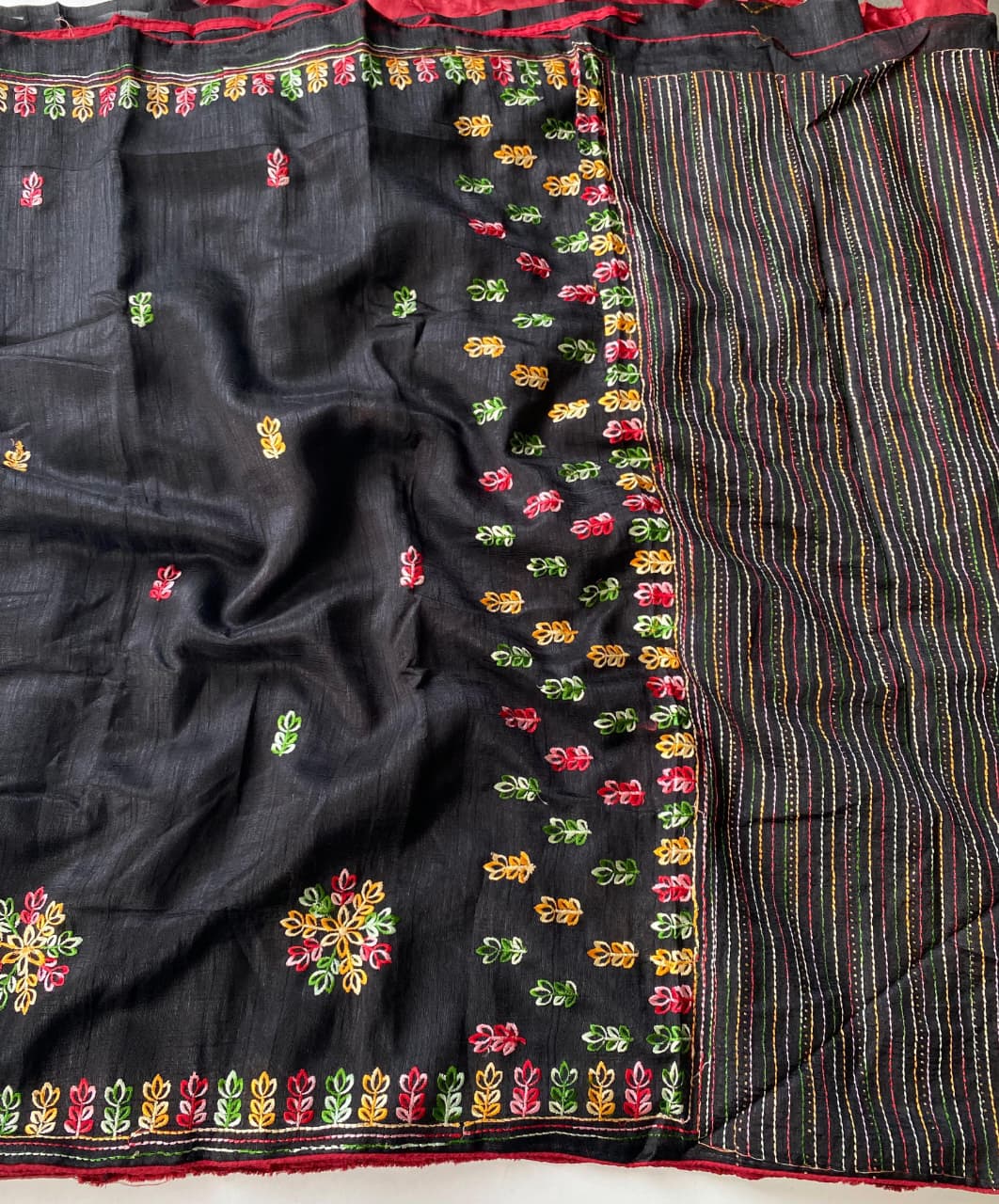 Ravishing Black Embroidery Work Tussar Silk Saree With Surreptitious Blouse Piece