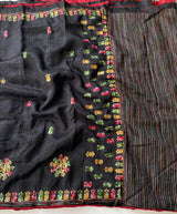 Ravishing Black Embroidery Work Tussar Silk Saree With Surreptitious Blouse Piece