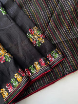 Ravishing Black Embroidery Work Tussar Silk Saree With Surreptitious Blouse Piece