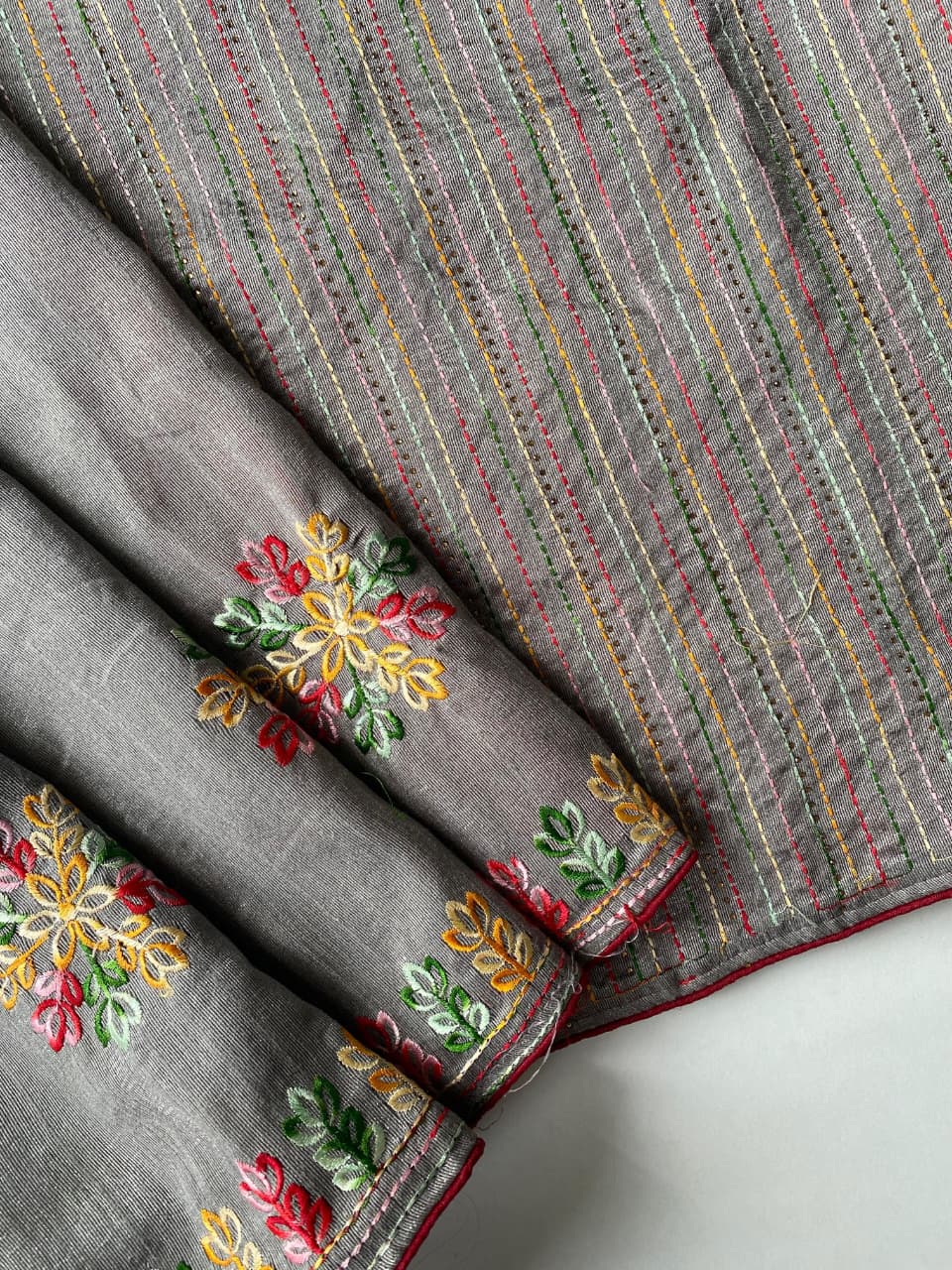 Aplomb Grey Embroidery Work Tussar Silk Saree With Ornate Blouse Piece