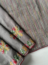 Aplomb Grey Embroidery Work Tussar Silk Saree With Ornate Blouse Piece