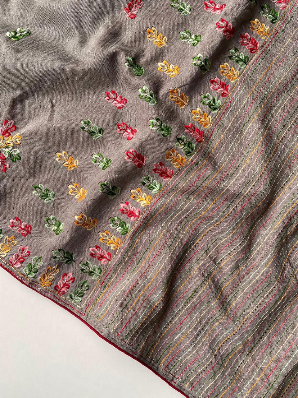 Aplomb Grey Embroidery Work Tussar Silk Saree With Ornate Blouse Piece