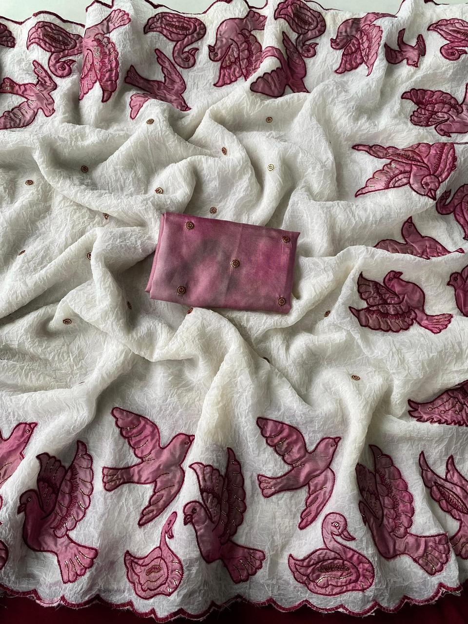 Dazzling Off White Embroidery Work Crush Silk Saree With Lagniappe Blouse Piece