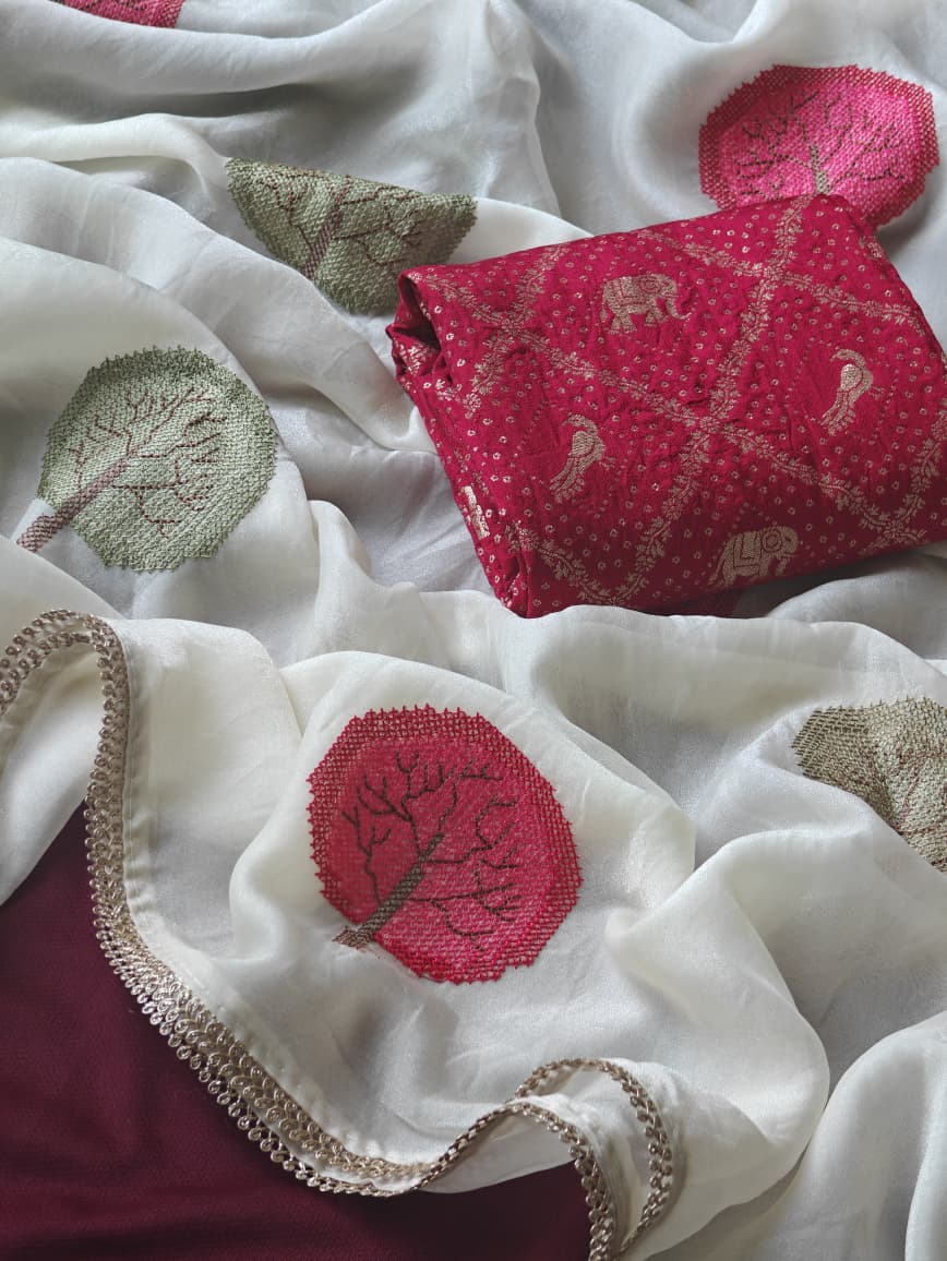 Nectarous Off White Embroidery Work Pure Satin Georgette Saree With Murmurous Blouse Piece