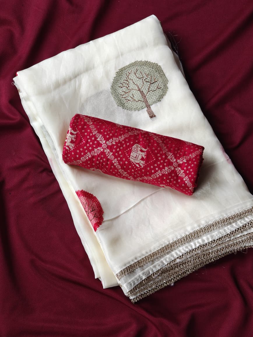 Nectarous Off White Embroidery Work Pure Satin Georgette Saree With Murmurous Blouse Piece