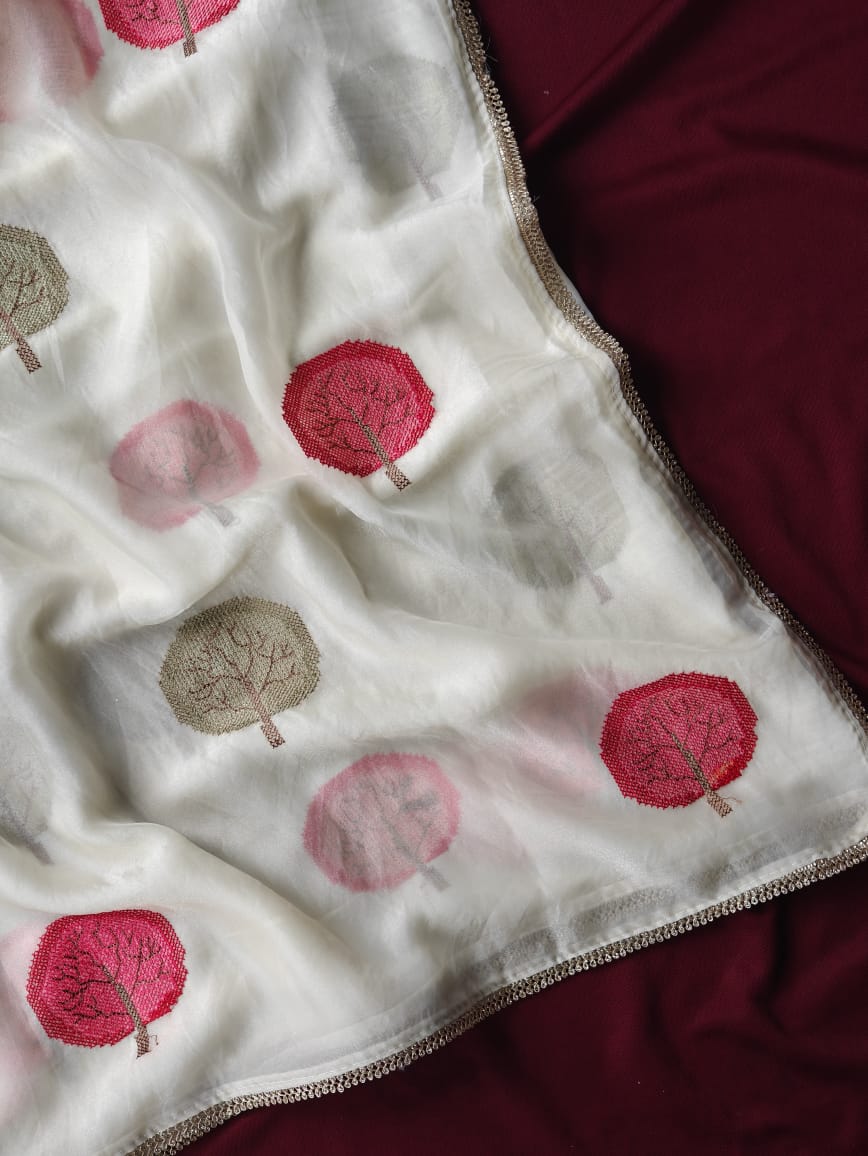 Nectarous Off White Embroidery Work Pure Satin Georgette Saree With Murmurous Blouse Piece