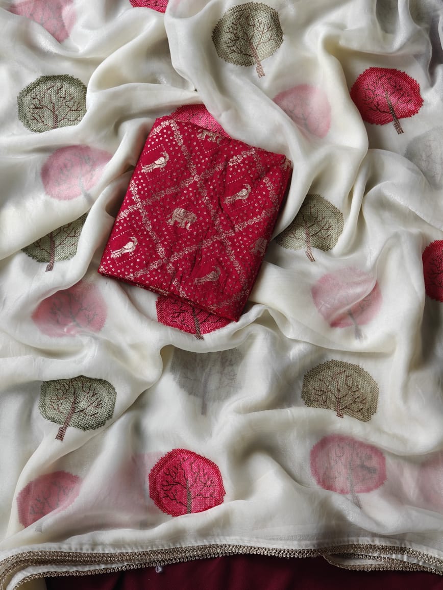 Nectarous Off White Embroidery Work Pure Satin Georgette Saree With Murmurous Blouse Piece