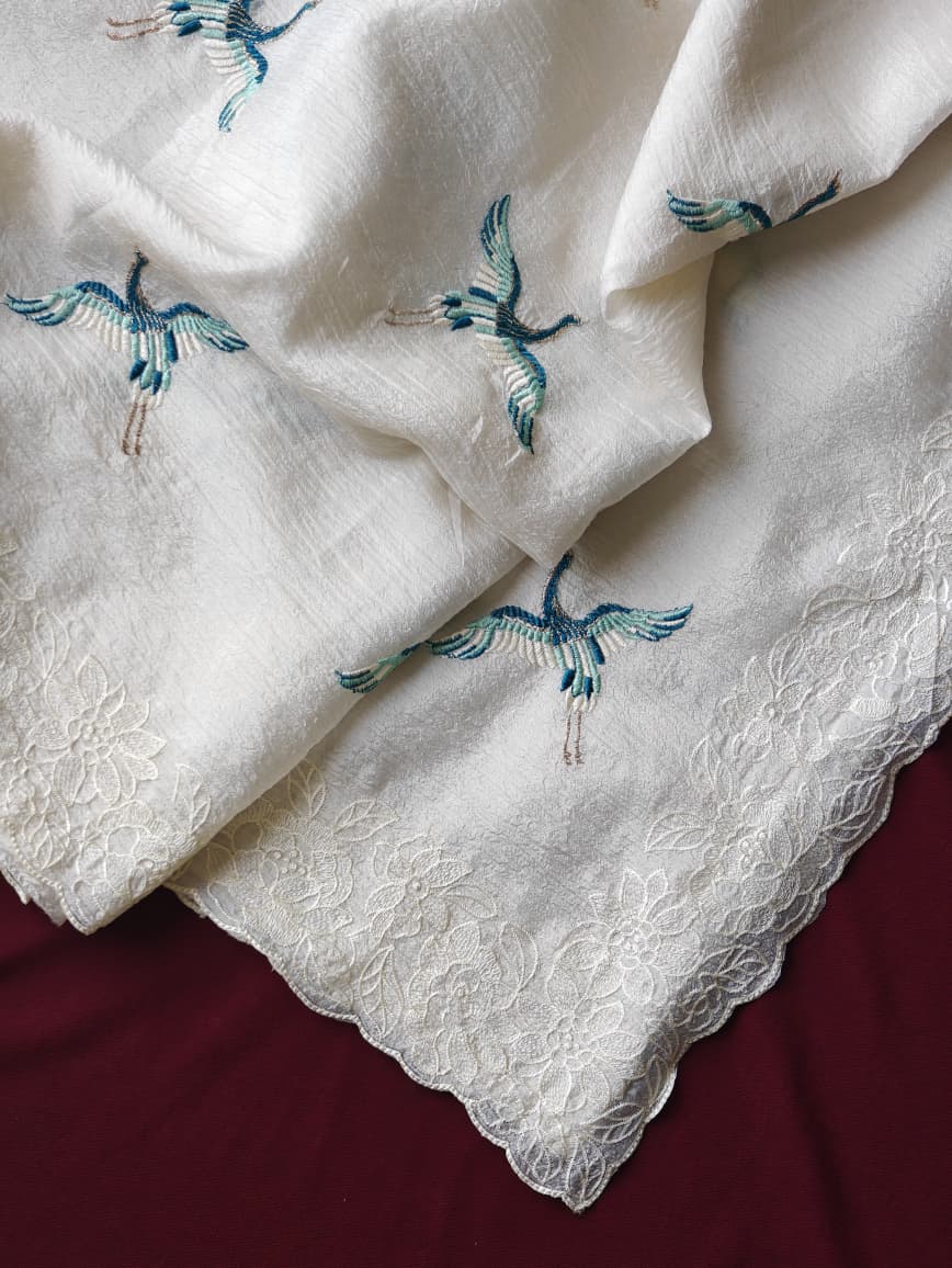Precious Off White Embroidery Work Crush Silk Saree With Charming Blouse Piece