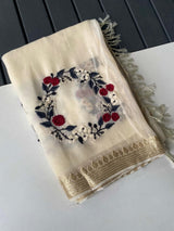 Lustrous Beige Embroidery Work Viscose Georgette Saree With Flaunt Blouse Piece