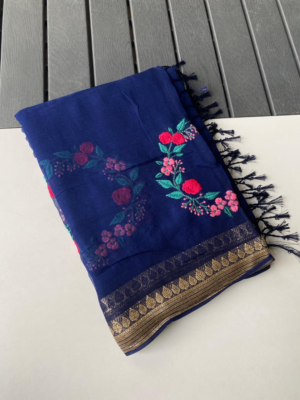 Breathtaking Navy Blue Embroidery Work Viscose Georgette Saree With Chatoyant Blouse Piece