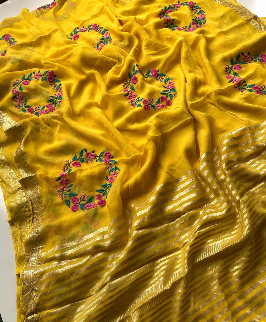 Beleaguer Yellow Embroidery Work Viscose Georgette Saree With Delightful Blouse Piece