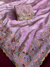 Radiant Lavender Embroidery Work Crush Silk Saree With Delightful Blouse Piece