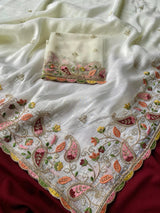 Exuberant Off White Embroidery Work Crush Silk Saree With Smart Blouse Piece