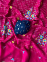 Delectable Dark Pink Embroidery Work Pure Georgette Saree With Classic Blouse Piece