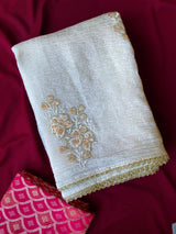 Luminous Off White Embroidery Work Crush Silk Saree With Splendorous Blouse Piece