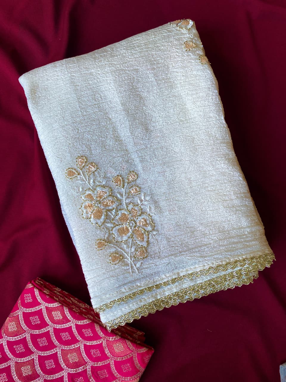 Luminous Off White Embroidery Work Crush Silk Saree With Splendorous Blouse Piece