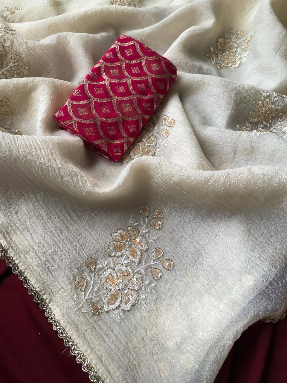 Luminous Off White Embroidery Work Crush Silk Saree With Splendorous Blouse Piece