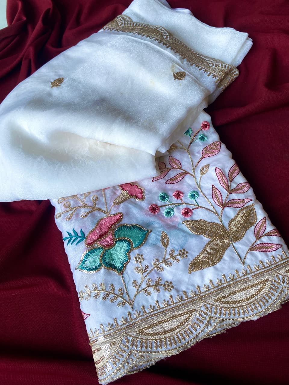 Moiety Off White Embroidery Work Georgette Saree With Elegant Blouse Piece