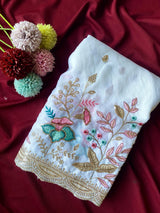Moiety Off White Embroidery Work Georgette Saree With Elegant Blouse Piece