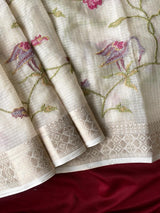 Denouement Off White Embroidery Work Kota Doria Saree With Entrancing Blouse Piece