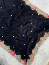 Divine Black Embroidery Work Pure Satin Georgette Saree With Diaphanous Blouse Piece