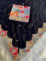 Divine Black Embroidery Work Pure Satin Georgette Saree With Diaphanous Blouse Piece