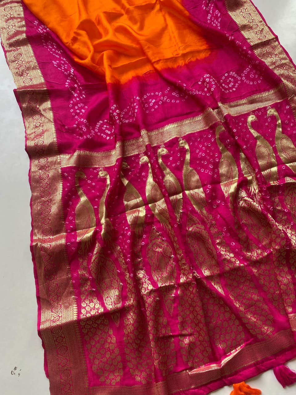 Fairytale Orange Pure Viscose Dola Silk Printed Bandhani Saree With Enigmatic Blouse Piece
