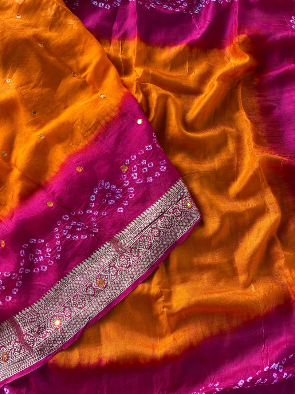 Fairytale Orange Pure Viscose Dola Silk Printed Bandhani Saree With Enigmatic Blouse Piece