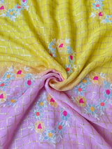 Prominent Yellow and Pink Embroidery Work Pure Georgette Saree With Palimpsest Blouse Piece