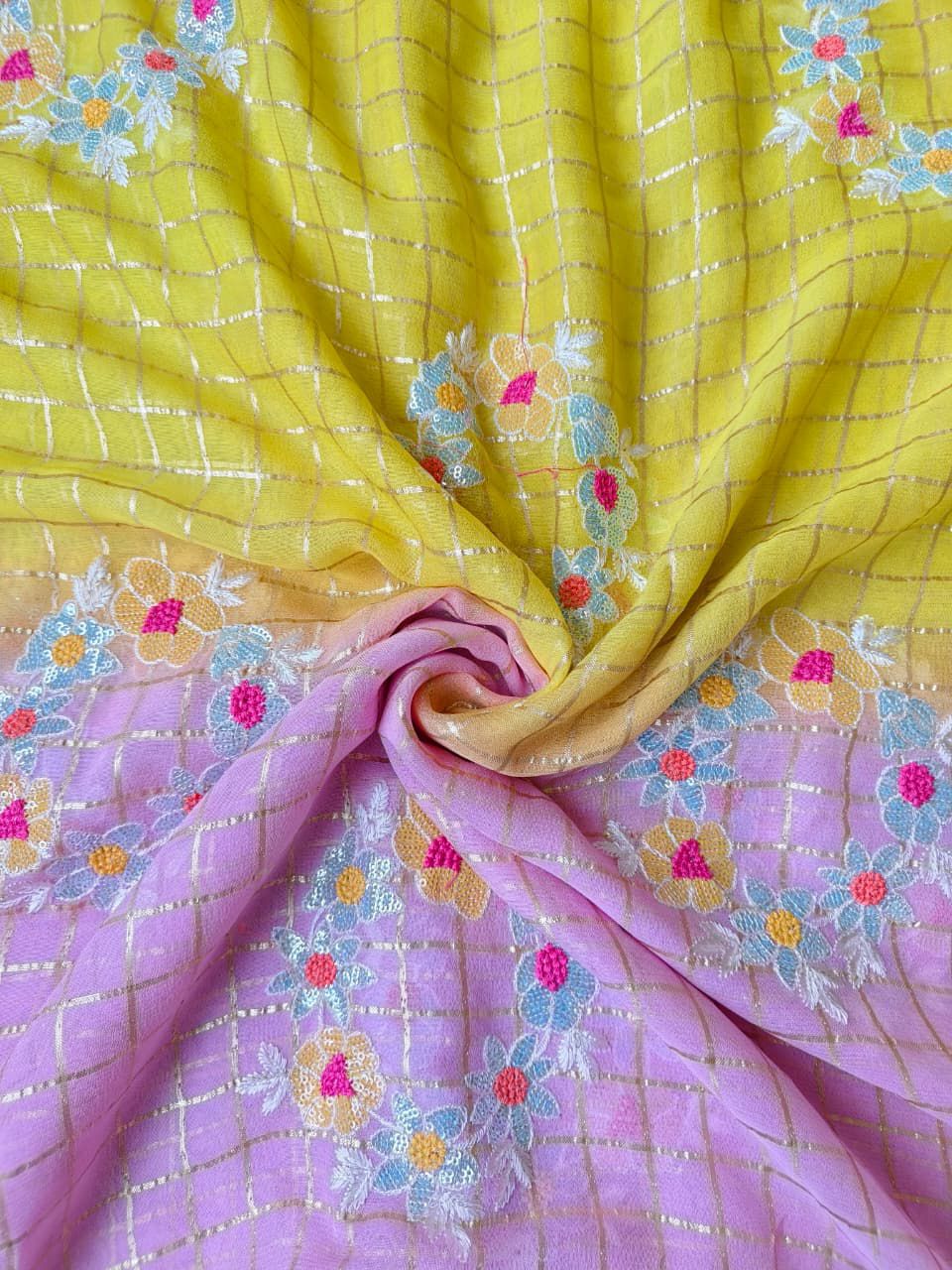 Prominent Yellow and Pink Embroidery Work Pure Georgette Saree With Palimpsest Blouse Piece