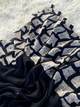 Luminous Black Printed Linen Silk Saree With Snappy Blouse Piece