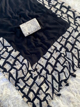 Luminous Black Printed Linen Silk Saree With Snappy Blouse Piece